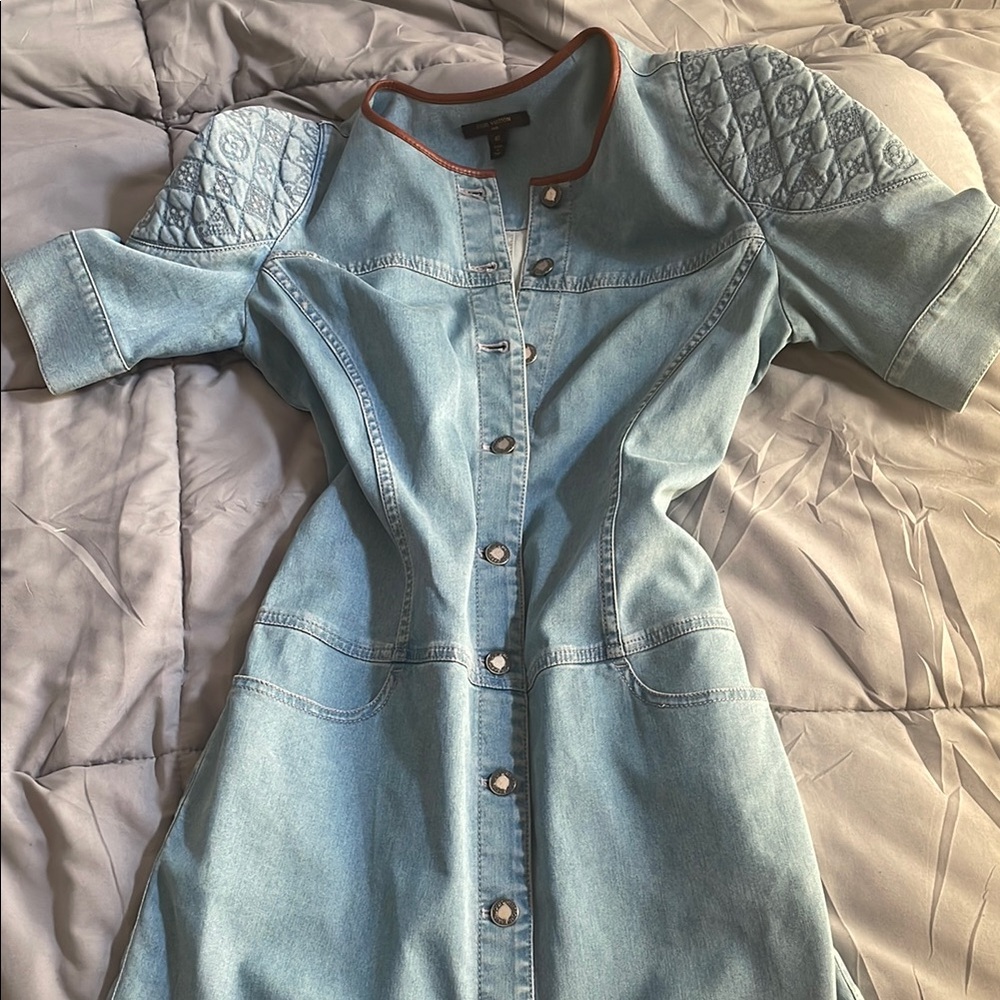 Vintage 90's Louis Vuitton LV Monogram Logo Light Blue Denim Jean dress